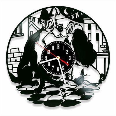 Настінний вініловий годинник Леді та Блудько, діаметр 30см Vinyl-Clock-C-Lady and the Tramp-4 фото