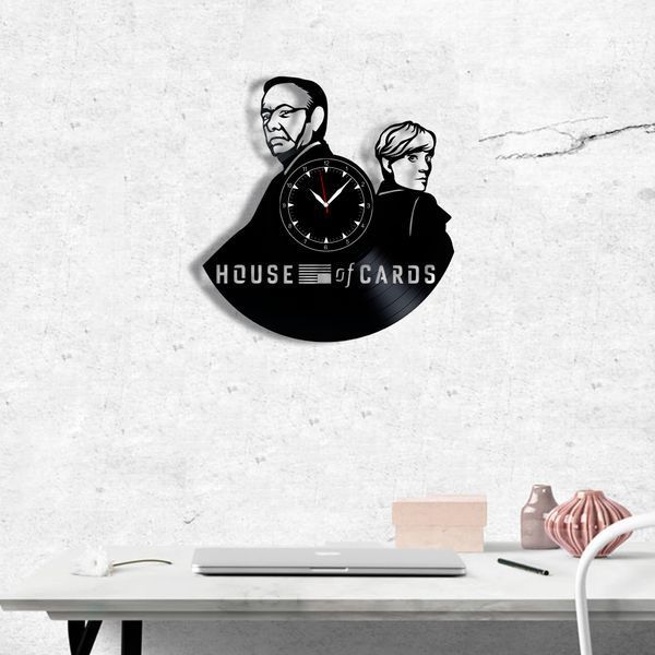 Настінний вініловий годинник Картковий будинок, діаметр 30см Vinyl-Clock-M-House of Cards-1 фото